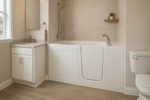 Bright Texas bathroom featuring a white walk-in tub with a swing-door entry, beige tile surround, and modern vanity.