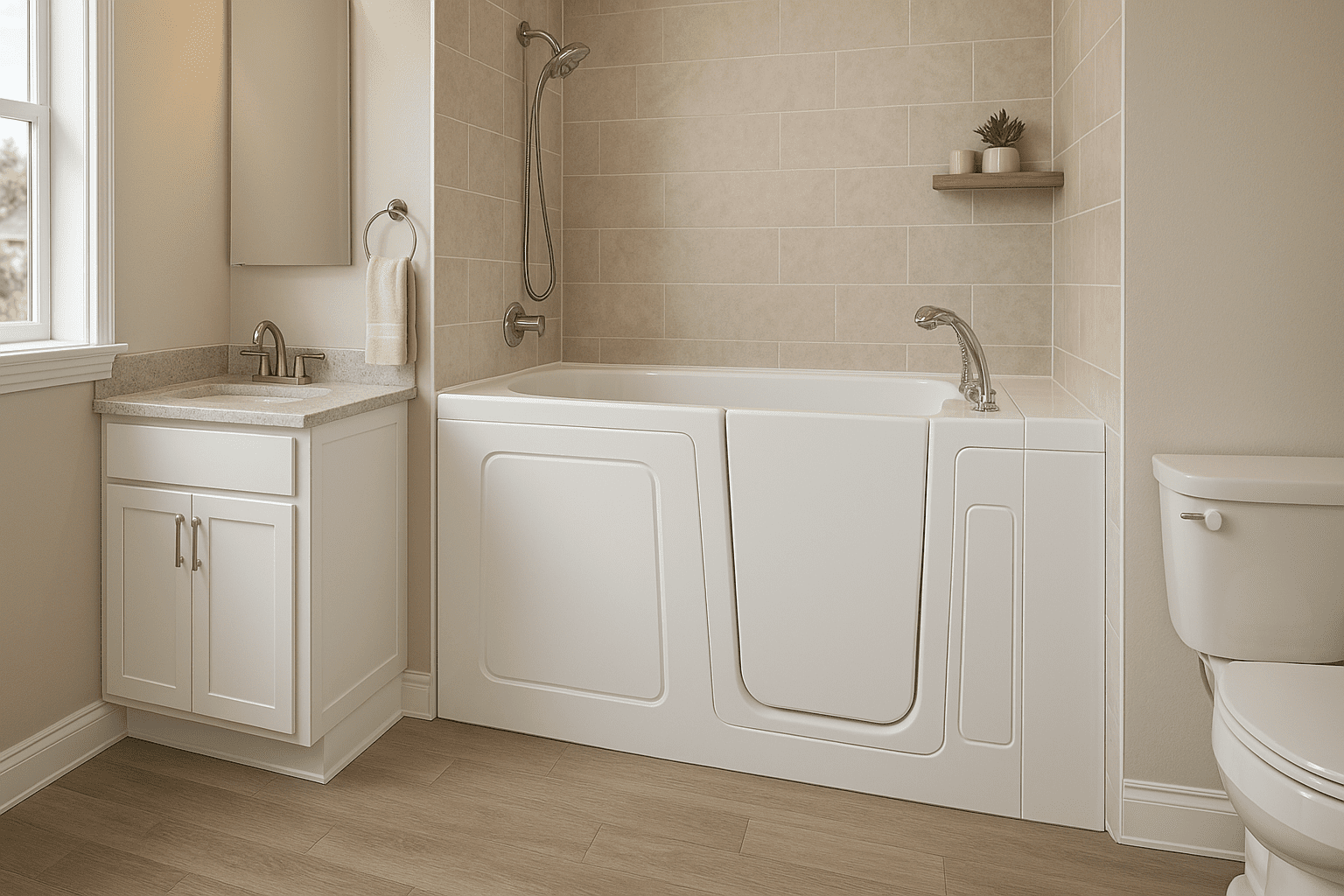 Bright Texas bathroom featuring a white walk-in tub with a swing-door entry, beige tile surround, and modern vanity.