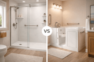 Walk-in shower vs walk-in bathtub comparison in Texas home