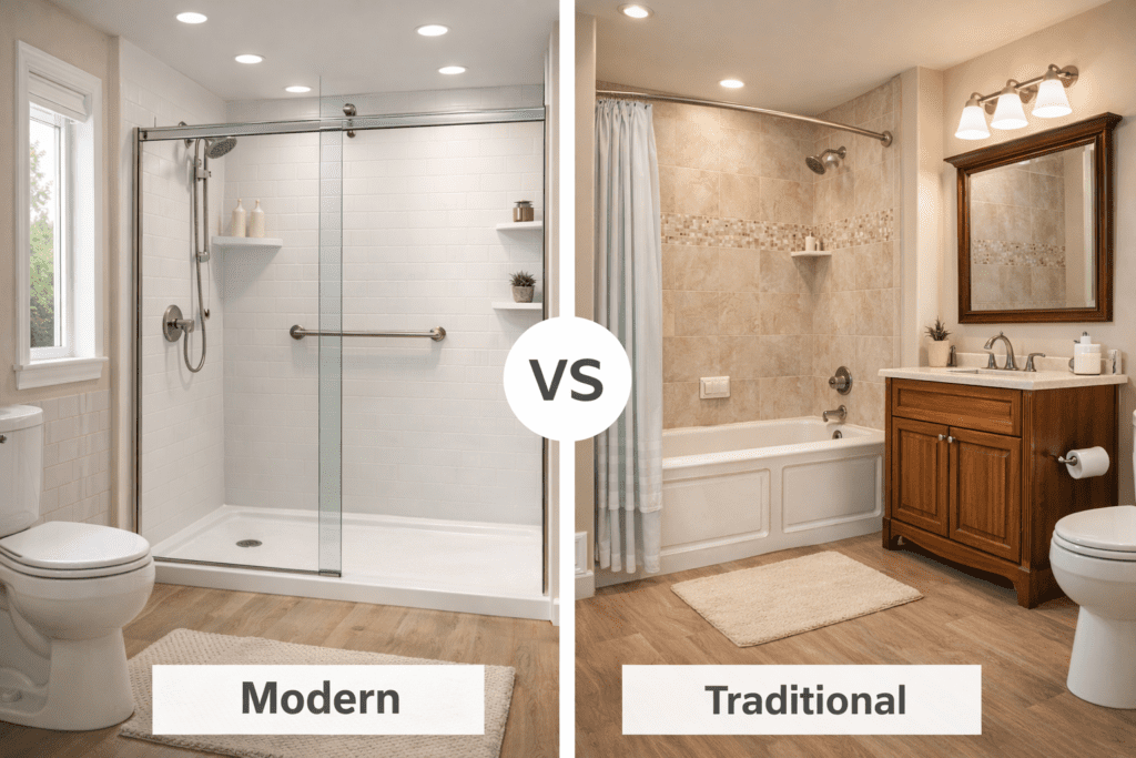 Modern vs traditional bathroom design comparison in Denton home