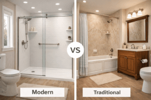 Modern vs traditional bathroom design comparison in Denton home