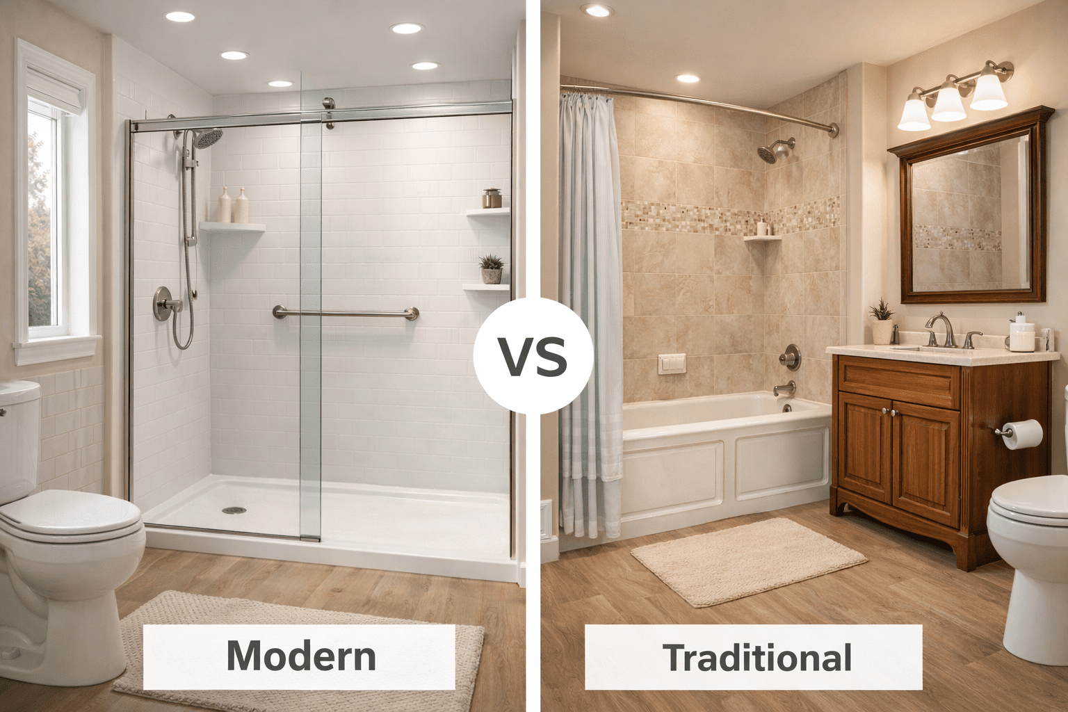 Modern vs traditional bathroom design comparison in Denton home