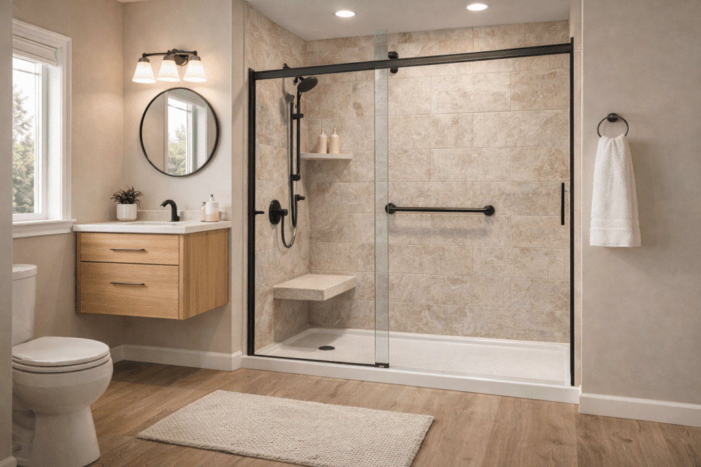 Shower remodeling trends featuring built-in seating and low-maintenance wall panels