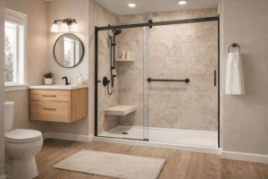 Shower remodeling trends featuring built-in seating and low-maintenance wall panels