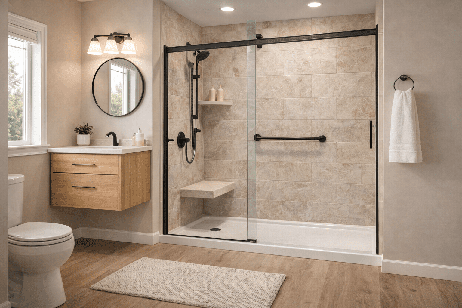 Shower remodeling trends featuring built-in seating and low-maintenance wall panels