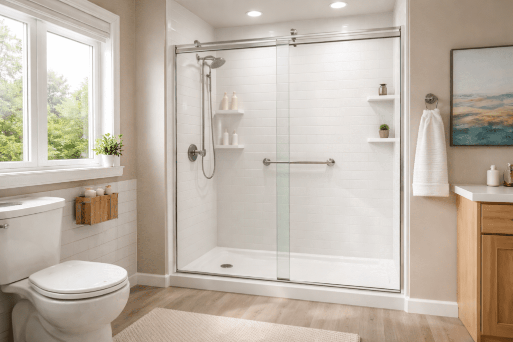 Fast tub-to-shower remodel with modern walk-in shower in a Texas home.