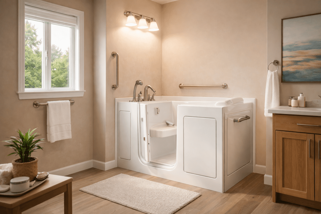 Safe walk-in bathtub designed for aging in place in Texas.