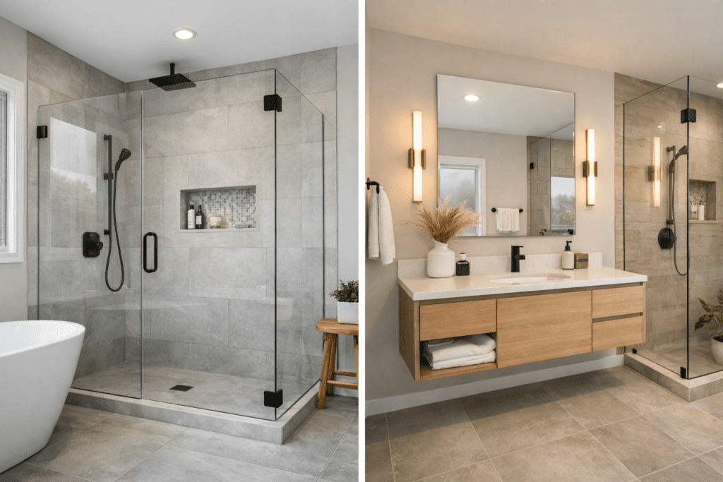 Modern DFW bathroom with a frameless glass walk-in shower, large-format tile, and a floating wood vanity with warm lighting and matte black fixtures.