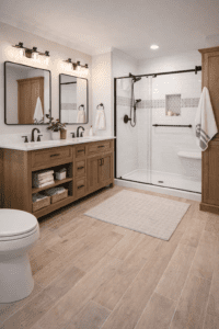 Full bathroom remodel with farmhouse-style vanity, glass-enclosed shower, and wood-look flooring.