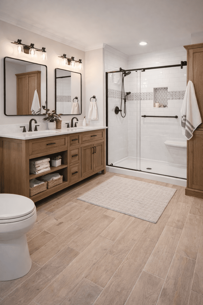 Full bathroom remodel with farmhouse-style vanity, glass-enclosed shower, and wood-look flooring.