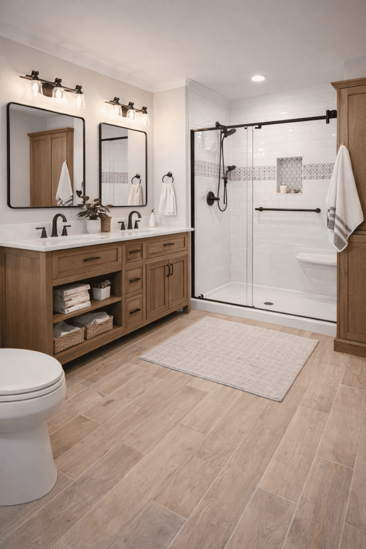 Full bathroom remodel with farmhouse-style vanity, glass-enclosed shower, and wood-look flooring.