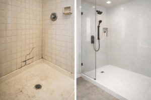 Old cracked tile shower next to a modern walk-in shower replacement.