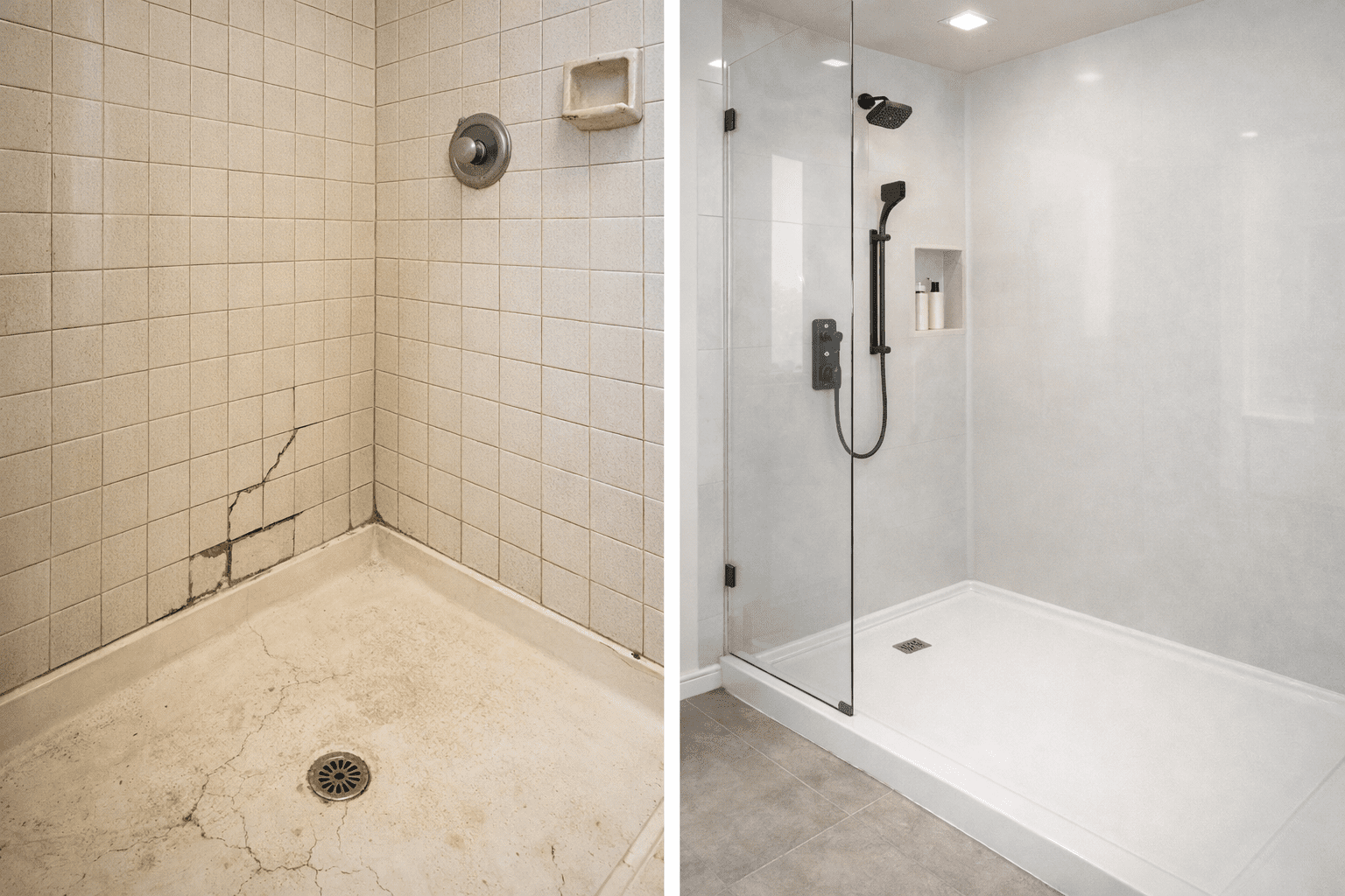 Old cracked tile shower next to a modern walk-in shower replacement.