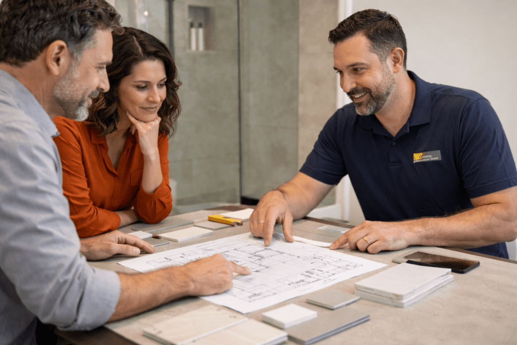 Bathroom remodel contractor consulting with Dallas homeowners in a modern bathroom, discussing design options and project details.