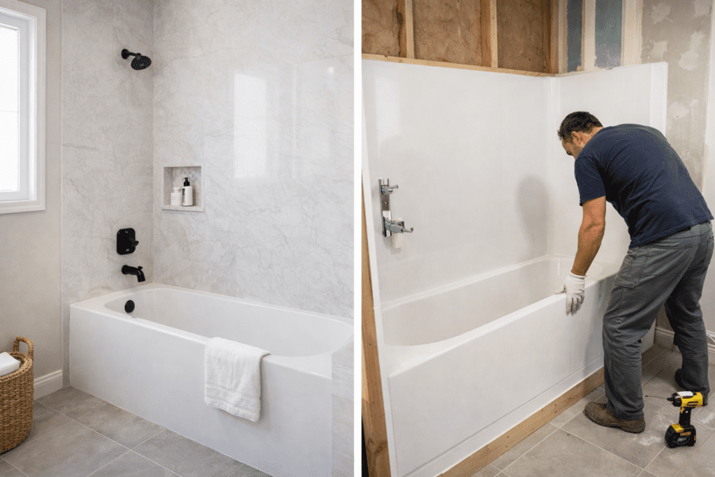 Bathtub replacement in a DFW home showing a newly installed white bathtub with seamless wall panels and a professional installer fitting the tub during installation.