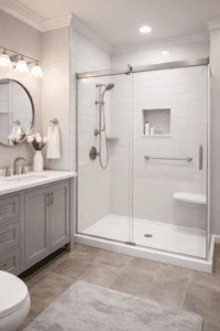 Modern tub-to-shower conversion with frameless glass enclosure, white tile walls, and updated vanity in a bright bathroom.