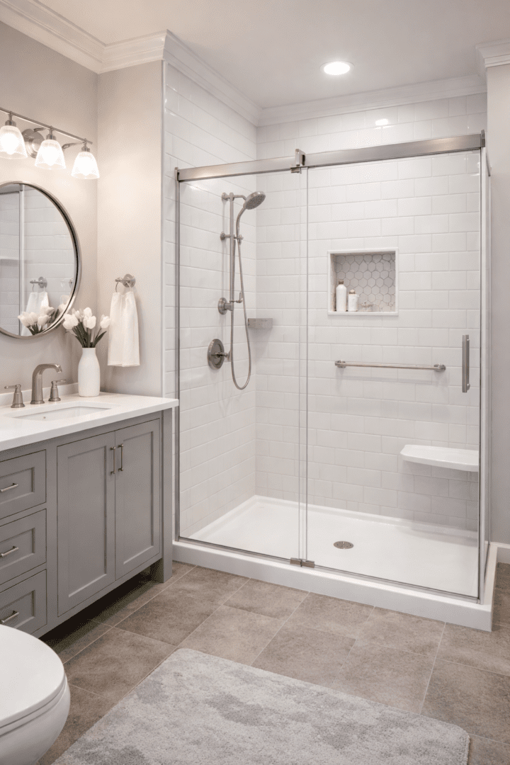 Modern tub-to-shower conversion with frameless glass enclosure, white tile walls, and updated vanity in a bright bathroom.