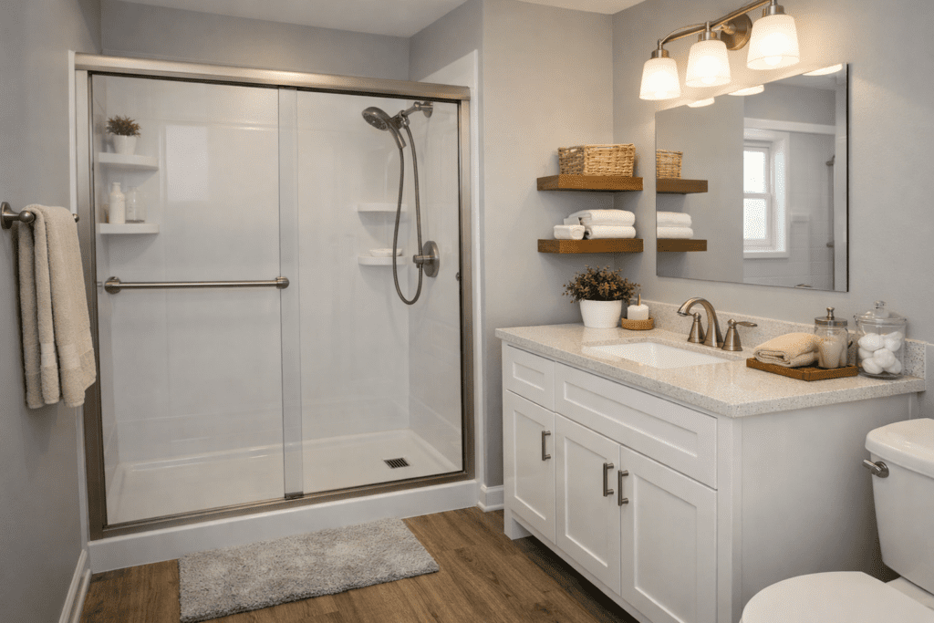 Budget-friendly bathroom remodel with walk-in shower and modern vanity in Texas home.