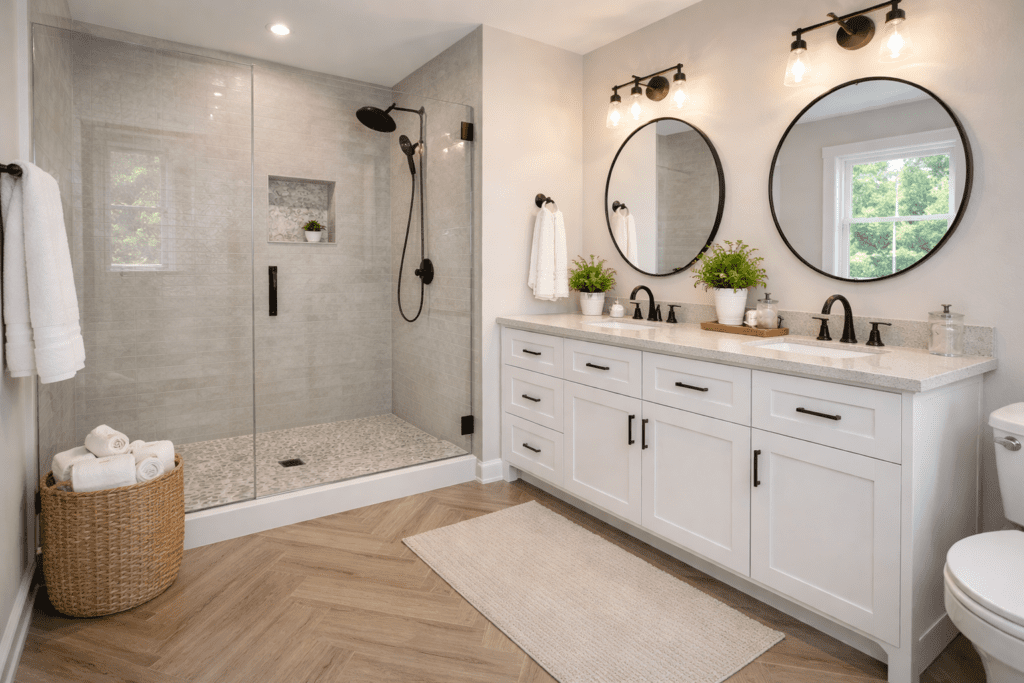 Modern Texas bathroom with gray tile walk-in shower, pebble floor, and white double vanity with black fixtures.