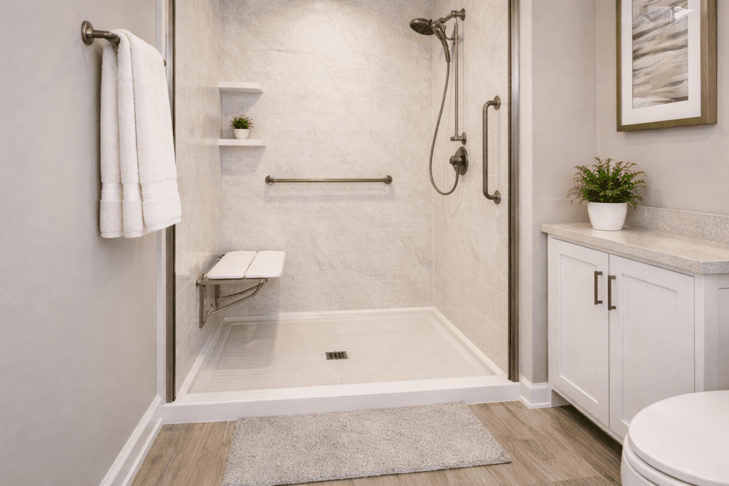 Walk-in shower with grab bars, fold-down seat, and low-threshold entry for senior safety.