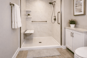 Walk-in shower with grab bars, fold-down seat, and low-threshold entry for senior safety.