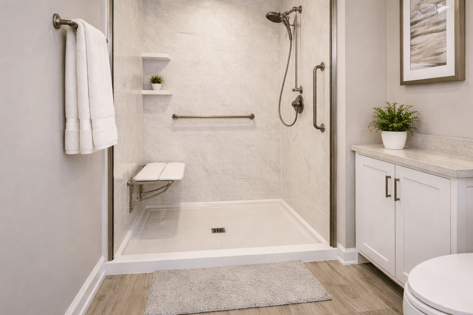 Walk-in shower with grab bars, fold-down seat, and low-threshold entry for senior safety.