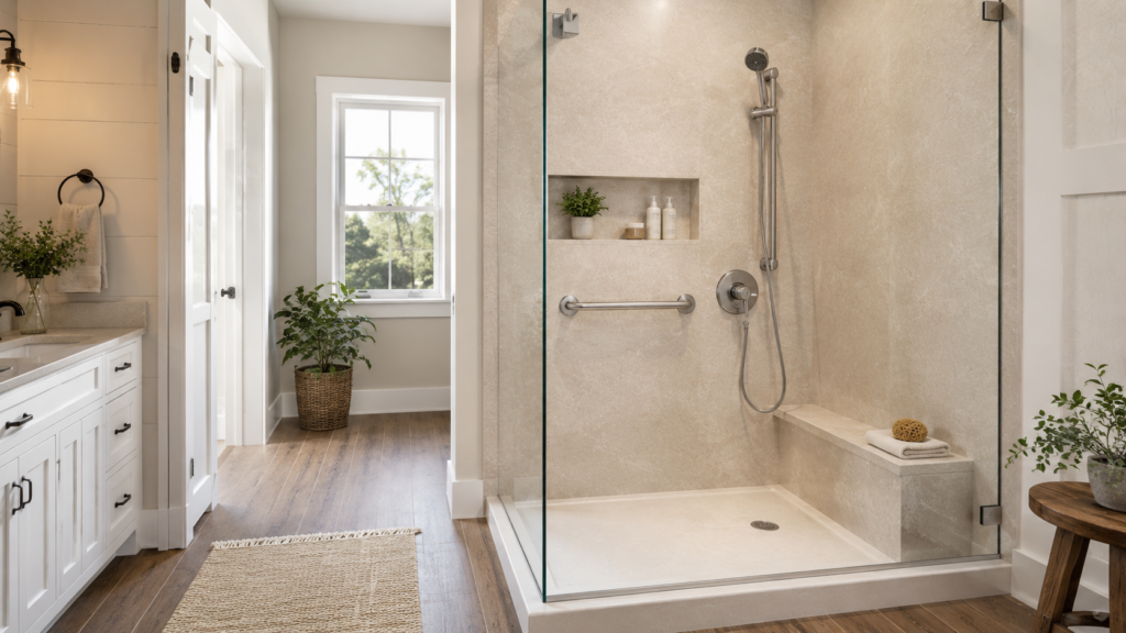 Modern walk-in shower with low-threshold entry, built-in bench, grab bar, handheld showerhead, and warm neutral walls.