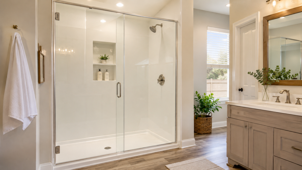 Easy-to-clean walk-in shower with smooth white walls, glass doors, and built-in storage in a bright DFW bathroom.
