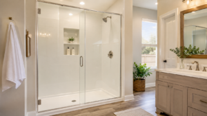 Easy-to-clean walk-in shower with smooth white walls, glass doors, and built-in storage in a bright DFW bathroom.