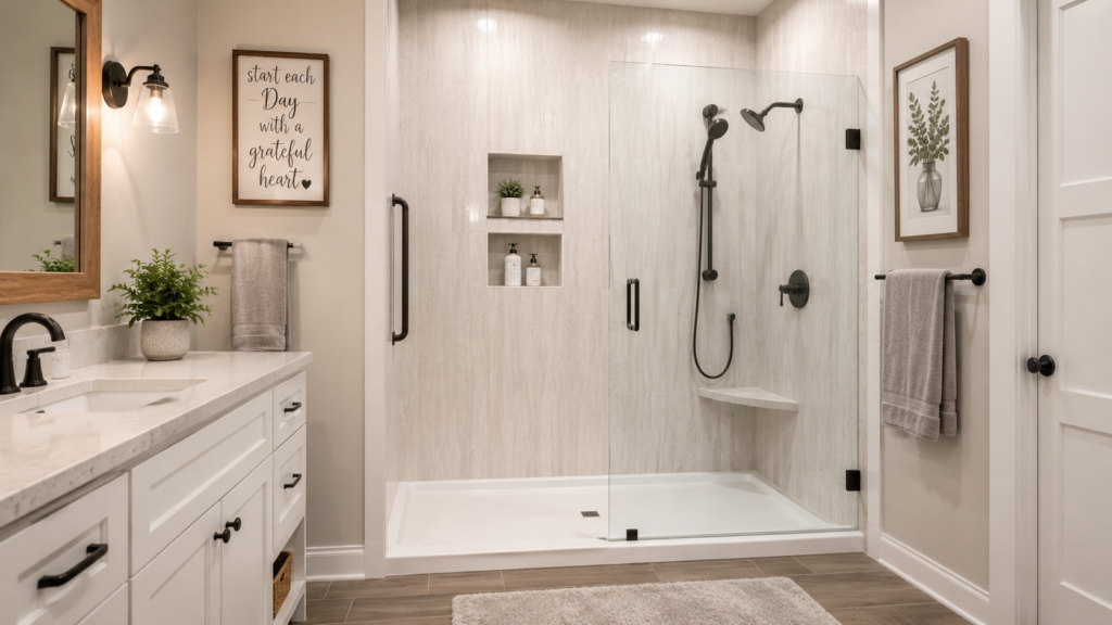Modern tub-to-shower conversion with low-threshold entry, built-in storage, bench seat, and handheld showerhead.