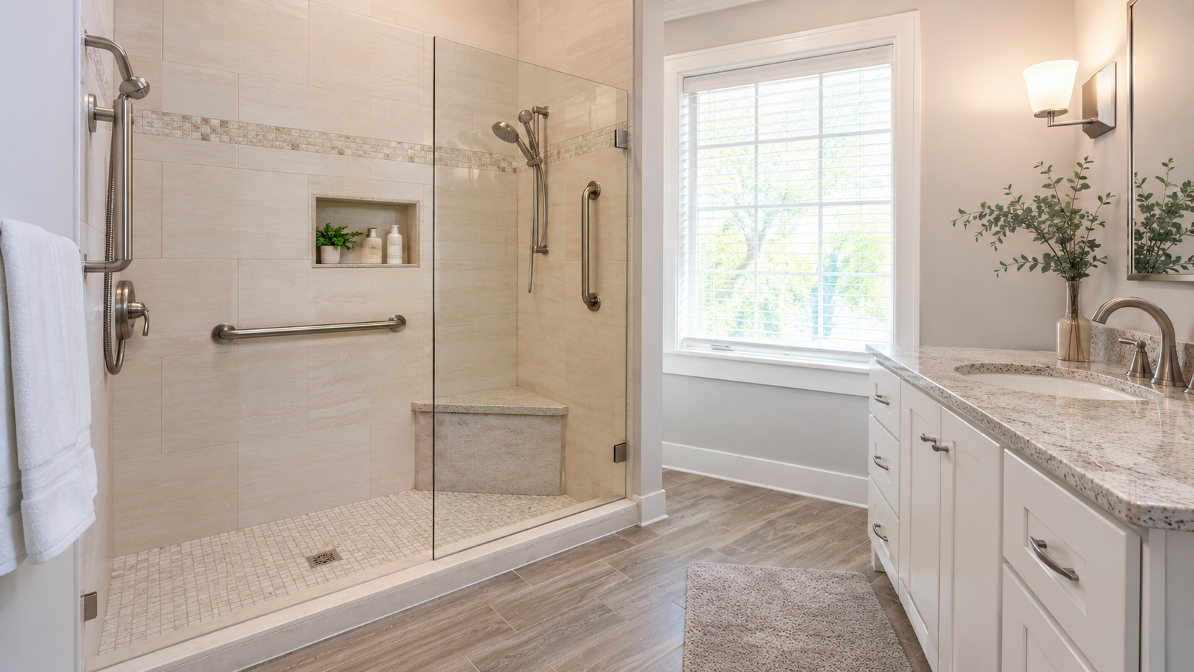 Bright bathroom with low-threshold walk-in shower, grab bars, built-in bench, handheld showerhead, and neutral finishes.