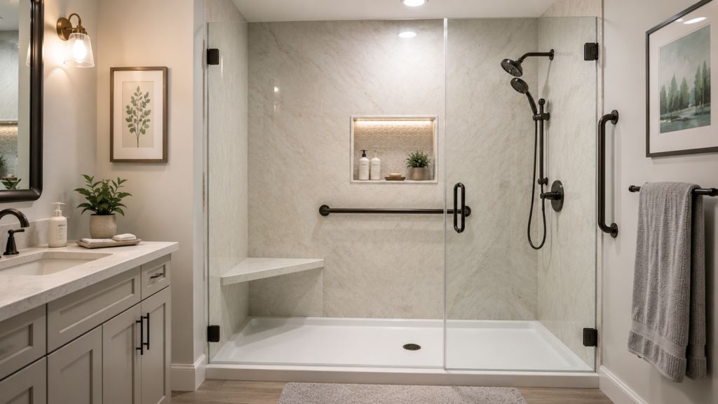 Modern tub-to-shower conversion with low-threshold entry, glass doors, grab bars, built-in bench, and storage niche.
