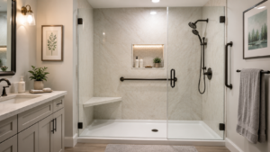 Modern tub-to-shower conversion with low-threshold entry, glass doors, grab bars, built-in bench, and storage niche.