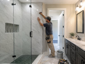 Contractor remodeling a modern bathroom shower with marble-style wall panels, glass enclosure, tools, and vanity in a clean residential renovation setting.