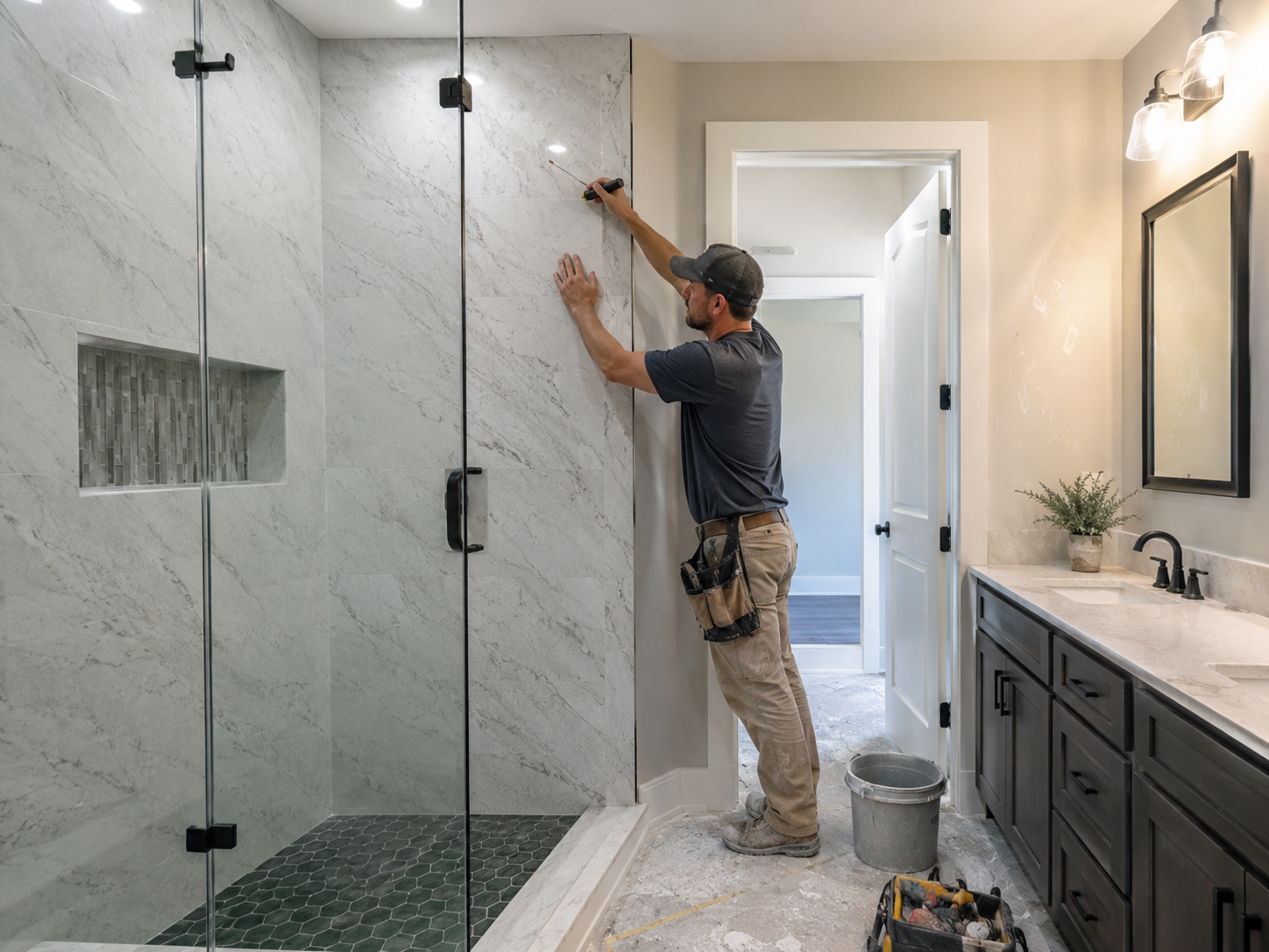 Contractor remodeling a modern bathroom shower with marble-style wall panels, glass enclosure, tools, and vanity in a clean residential renovation setting.