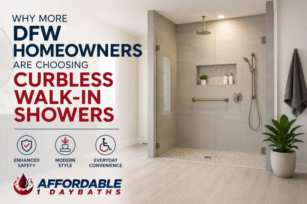 Curbless walk-in shower installed by Affordable 1 Day Baths featuring a modern frameless glass enclosure, accessible entry, contemporary tile design, and enhanced safety for DFW homeowners.