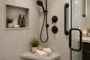 Modern walk-in shower remodel with matte black fixtures and built-in niche