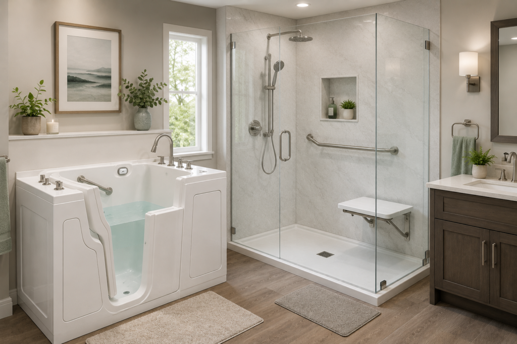 Modern accessible bathroom featuring a walk-in tub, spacious walk-in shower with grab bars and built-in bench, slip-resistant flooring, and contemporary finishes designed for comfort and safety.