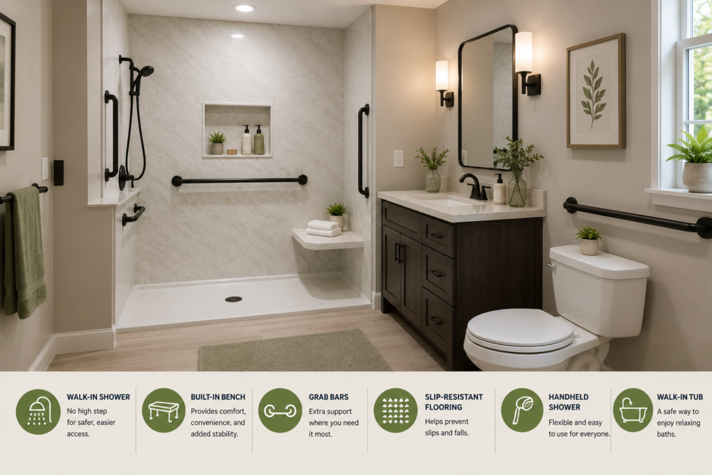 Accessible bathroom featuring a walk-in shower, walk-in tub, built-in bench, grab bars, handheld showerhead, recessed storage niche, and modern vanity designed for safety, comfort, and aging in place.