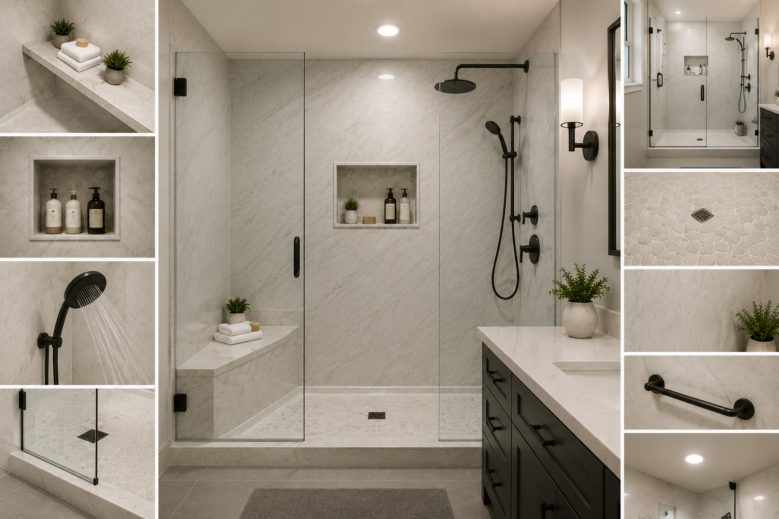 Modern walk-in shower featuring frameless glass, a built-in bench, recessed storage niche, handheld showerhead, grab bar, slip-resistant flooring, and marble-look wall panels.