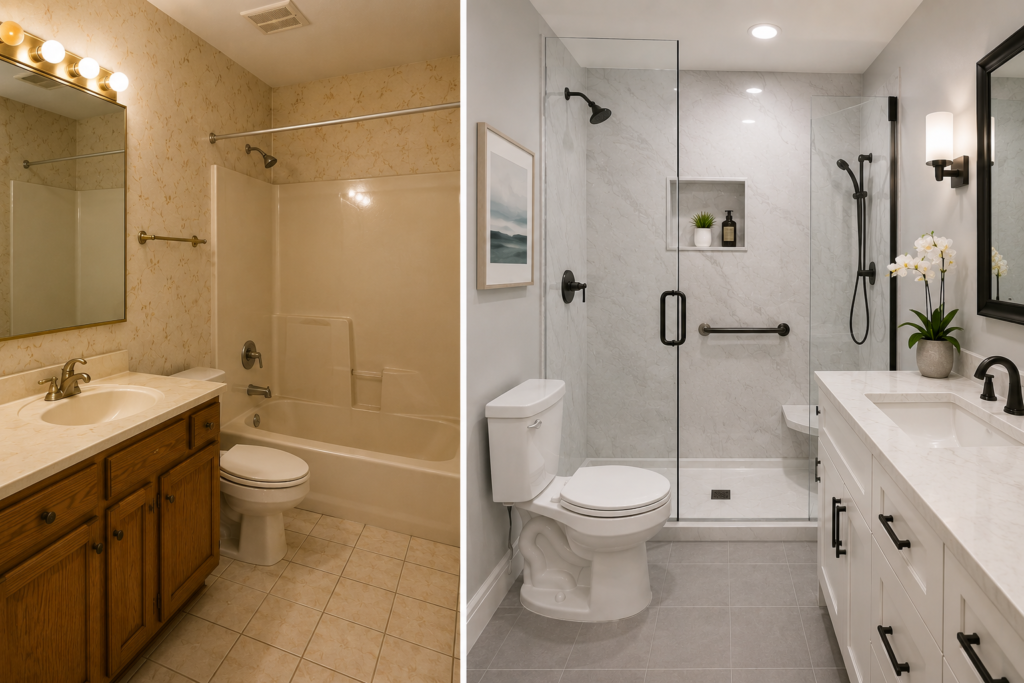 Before and after bathroom remodel featuring an outdated bathtub transformed into a modern walk-in shower with frameless glass, contemporary vanity, premium wall panels, and updated fixtures.