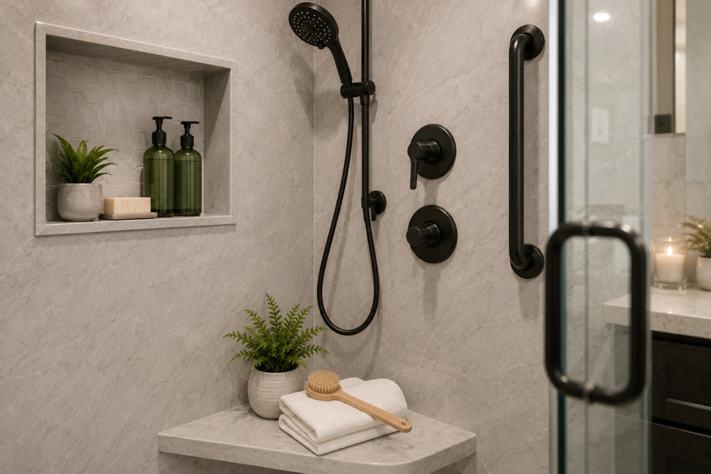 Close-up of a modern walk-in shower featuring marble-look wall panels, a handheld showerhead, grab bar, recessed storage niche, and built-in bench with folded towels.