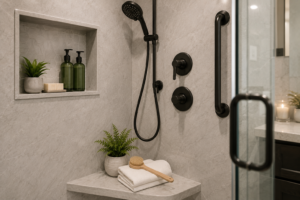 Close-up of a modern walk-in shower featuring marble-look wall panels, a handheld showerhead, grab bar, recessed storage niche, and built-in bench with folded towels.