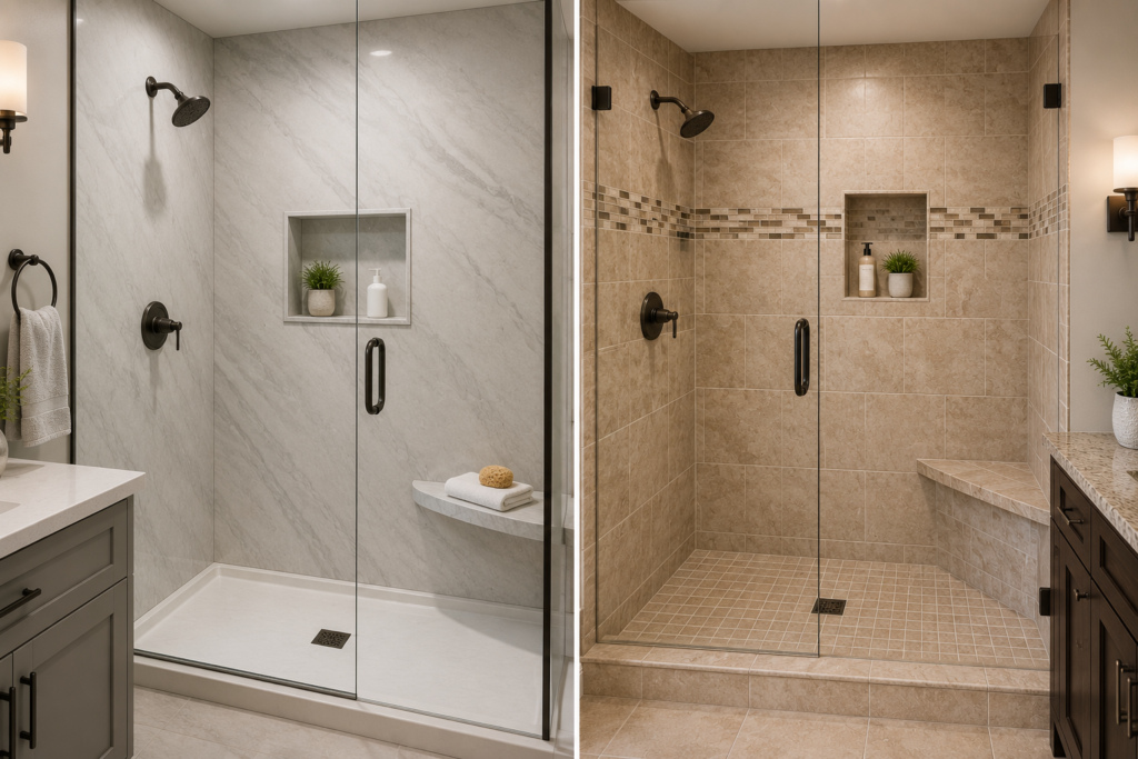 Side-by-side comparison of a modern walk-in shower with seamless acrylic wall panels and a traditional walk-in shower with ceramic tile walls, highlighting two popular bathroom remodeling options.
