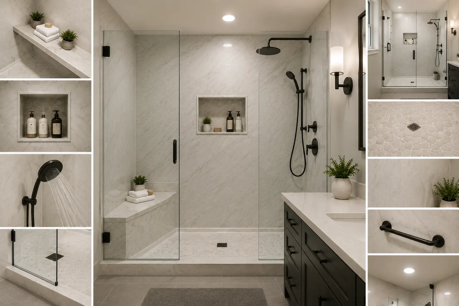 Collage showing custom bathroom remodeling details including a bench seat, recessed shampoo niche, matte black hardware, and pebble tile floor.