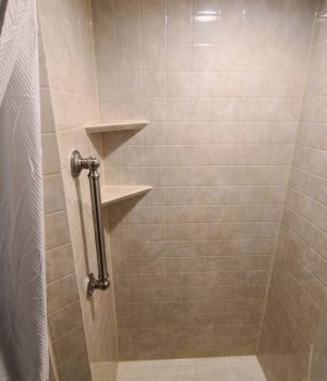 Small shower with white tile walls.