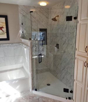 Frameless glass shower enclosure with marble walls.